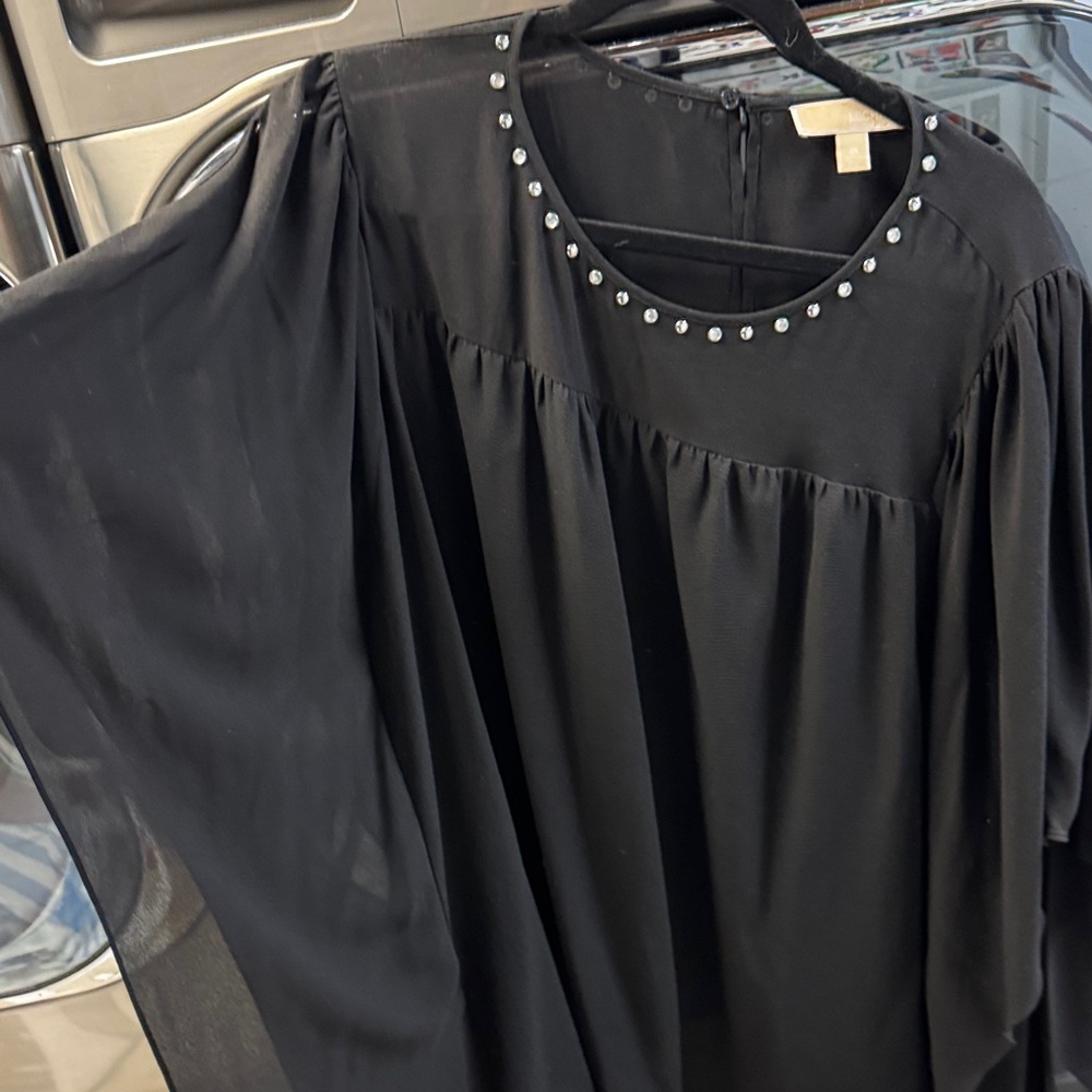 Elegant Black Women's Top with Studded Neckline Michael kors 2x sheer poncho